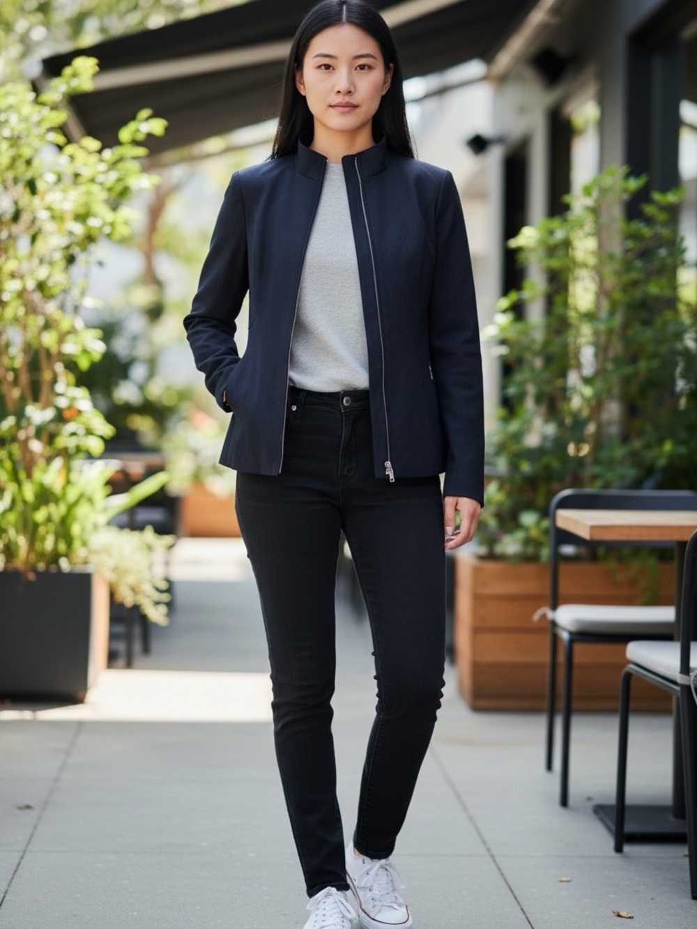 Escada Navy Blue tailored zip front jacket will blend size 38